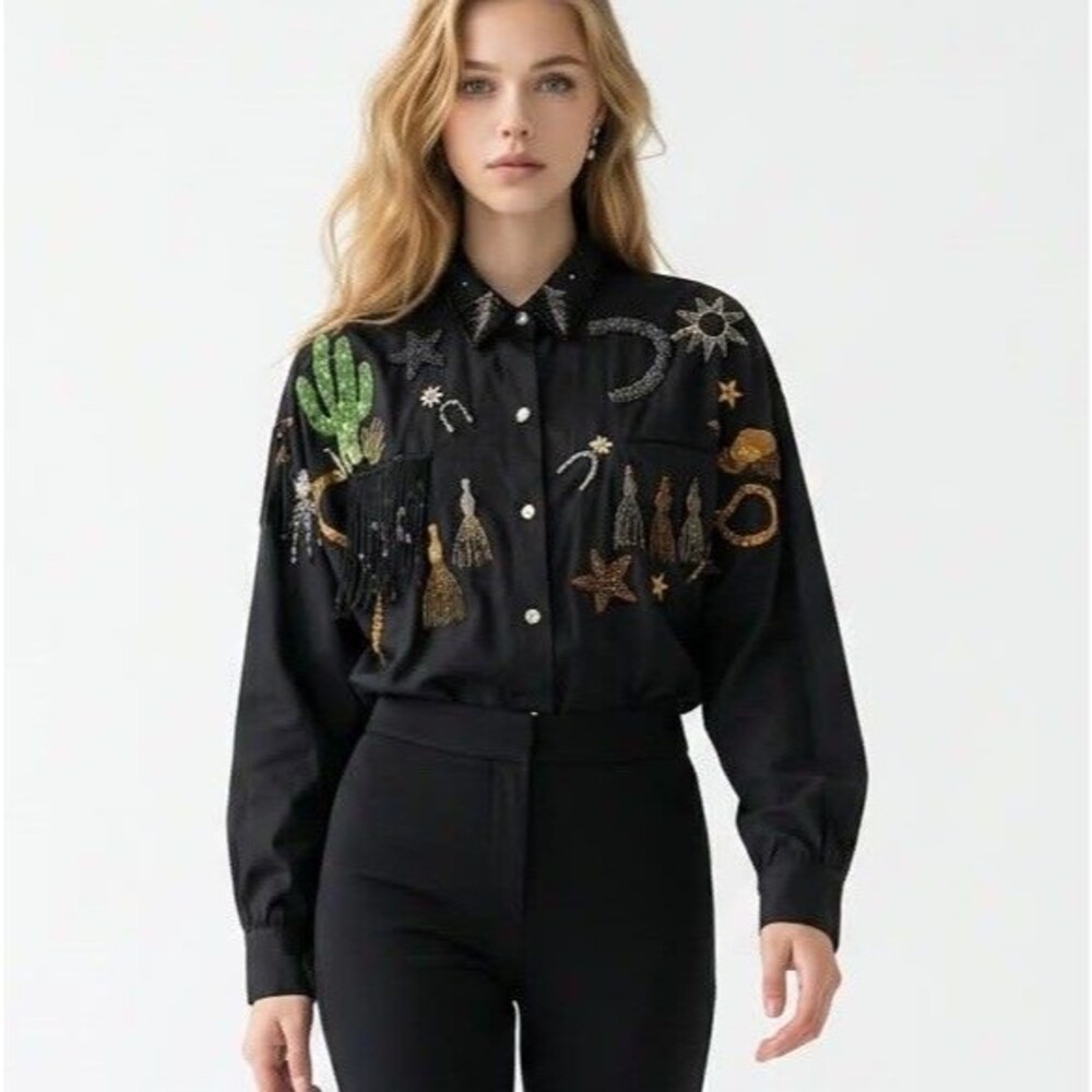 VTG Bella Sport Beaded Western Shirt Women M Black Fringe Cactus Rodeo Button Up